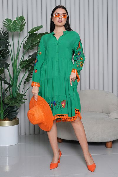 EL jadida Women's Embroidered Tassel Plus Size Viscose Short Dress Green