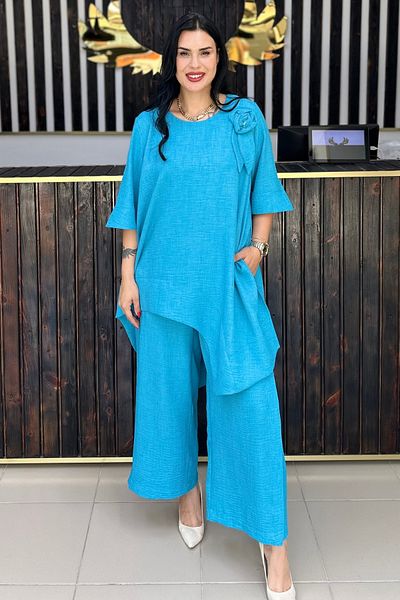 GÖKSEL Asymmetric Linen Suit with Flower Brooch Blue Large Size
