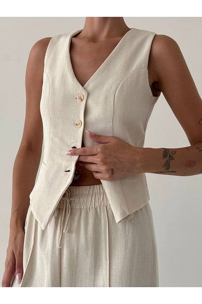 Melike Bakar Boutique Natural 100% Cotton Linen Vest-Pants Suit