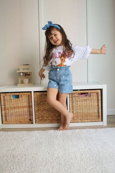 cgboutiquestylekids طقم شورت جينز مطبوع من بامبي مطرز للفتيات الصغيرات