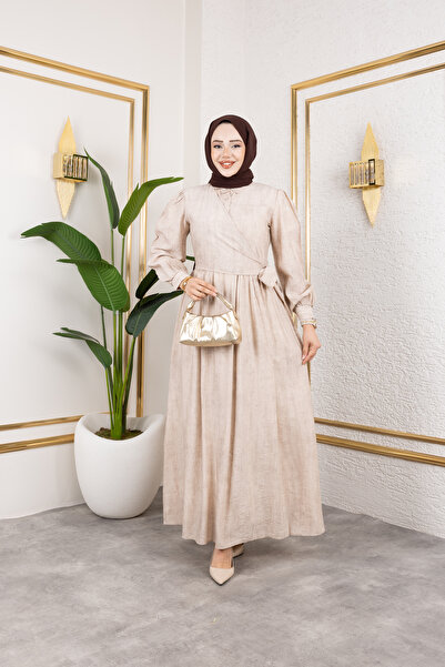 Viskosa Judge Collar Button Accessory Belted Waist Hugging Floor Detailed Comfortable Fit Hijab Dress
