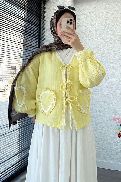 MELEK ARAZ Heart Form Stitched Muslin Tie Kimono -Yellow