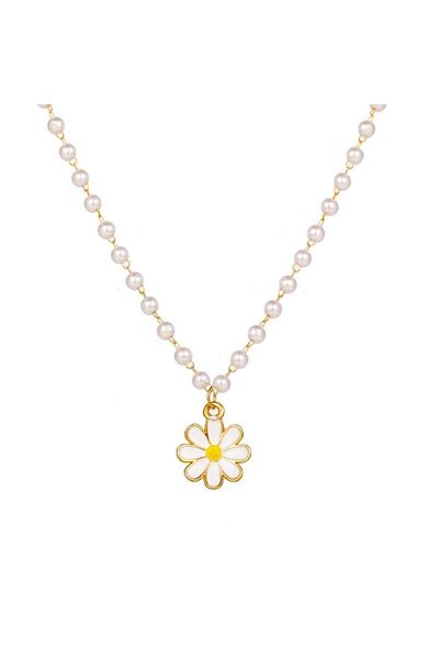 huitich Flower Pearl Beaded Necklace Alloy & Acrylic Pendant Jewelry