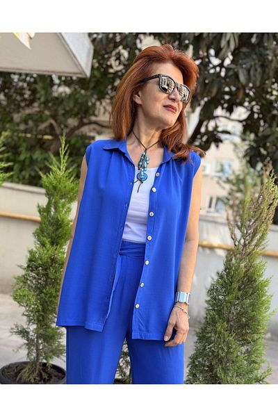 DenizEge Viscose Sleeveless Shirt Saks Blue