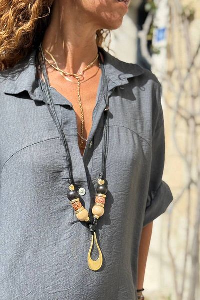 Güneşkızı Black Candle Rope Metal Object Long Design Necklace