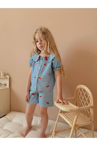 YİGİT BUTİK Yigit Boutique Cherry Patterned Girl's Denim Suit