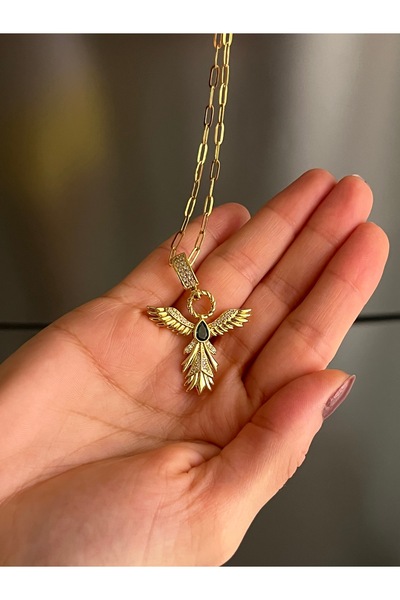 Çelik لucky Store قلادة ذهبية على شكل فينيكس من الحجر الأخضر