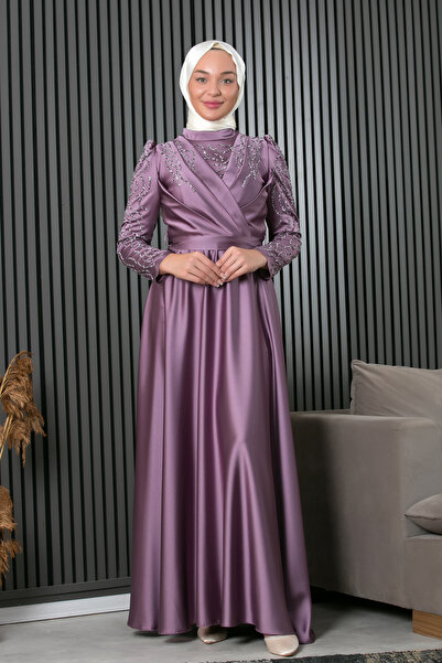 Büşra Moda Tasarım Saten Sarkıt Taş Detaylı Abiye Elbise - Lila & Haki Yeşili (40-46 Beden)