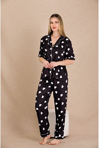 Viselya Σετ Πιτζάμες White Heart Με σχέδιο Μαύρο Σατέν