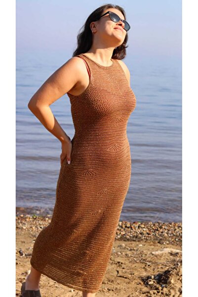 QUE STYLE Simli Süt-Kahve Plaj Elbisesi