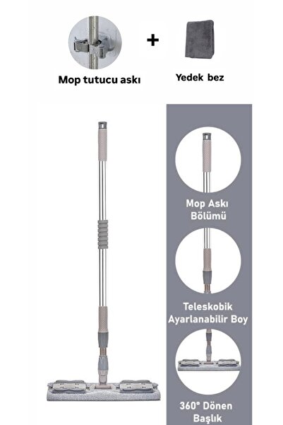 Hane216 Ayarlanabilir Saplı Mop –Gri, El Kaydırmaz Süngerli, Mandallı Bez Tut...