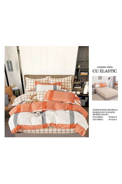 CHIRASO FINE Cotton Bedding Set, ELASTIC Sheet 180x200+25cm, Duvet Cover 200x230cm 4 Pillowcases