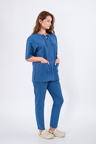 Schlange زي موحد للممرضات والأطباء بأكمام طويلة من الليكرا برقبة على شكل حرف ...