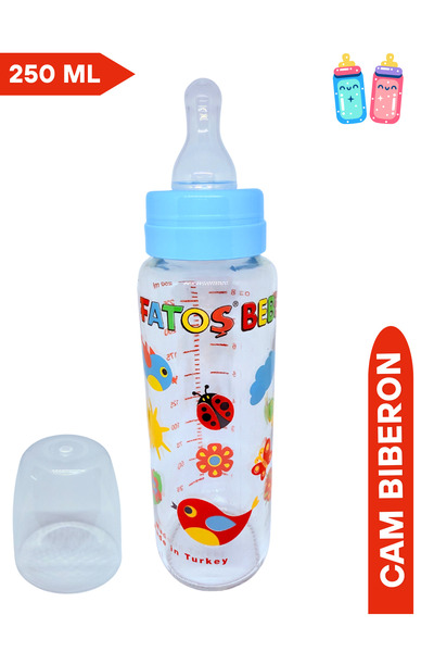 Fatoş Bebe Cam Biberon, Desenli, Mavi Rengi, 250 ml