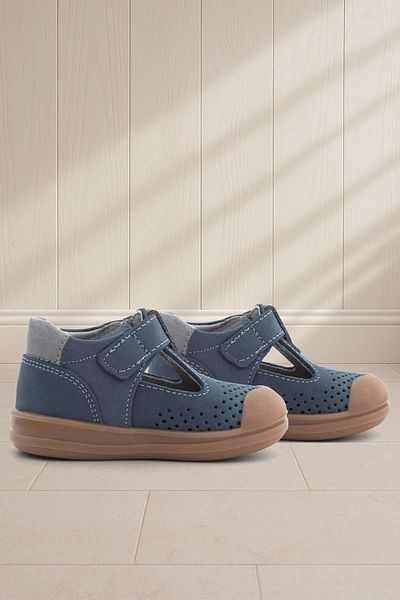 Rakerplus Shaun Genuine Leather Navy Blue Gray Velcro Anatomical Baby Sandals