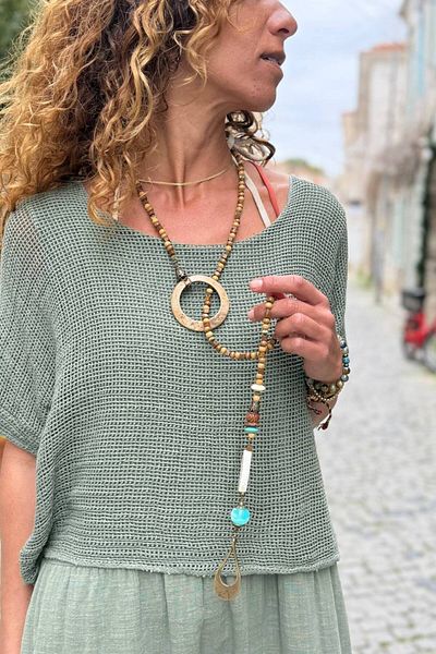 Güneşkızı Long Design Necklace with Wooden Beads and Metal Objects