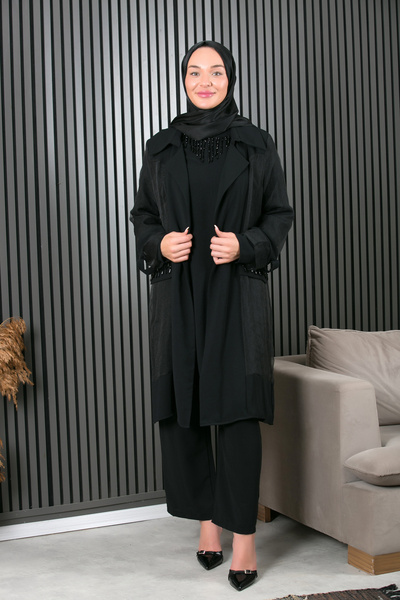 Büşra Moda Tasarım Kolye Detaylı 3 Parça Takım - İçlik, Ceket ve Pantolon - Düğmeli Kol, Taşlı Cep - Lacivert & Siyah