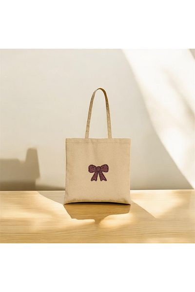 AYDK Bow Embroidered Linen Beach and Market Shoulder Bag |   Lifetime Durable Cloth Bag