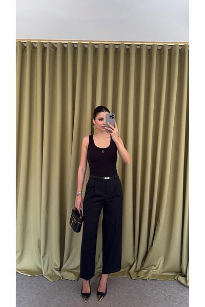 HAZELANNA Straight Cut Black Fabric Trousers