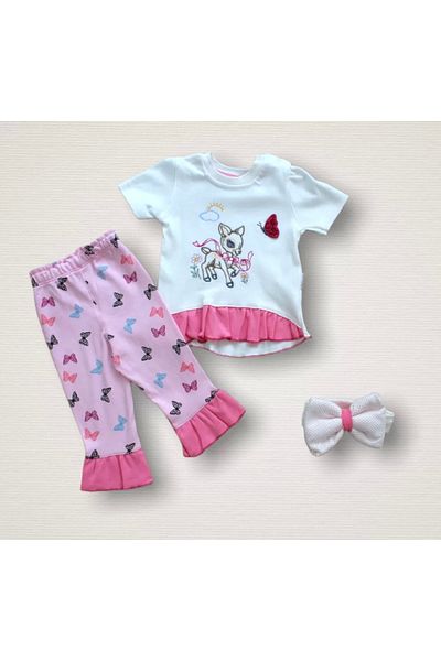 Skygo 6-9 9-12 12-18 Months Ceylan's Dream Printed Bandana Short Sleeve Sweat 3-Piece Baby Girl Set Ecru