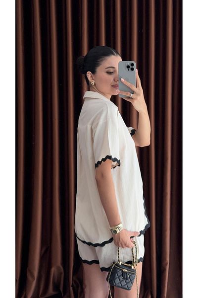 HAZELANNA Contrast Ecru Shorts-Blouse Set