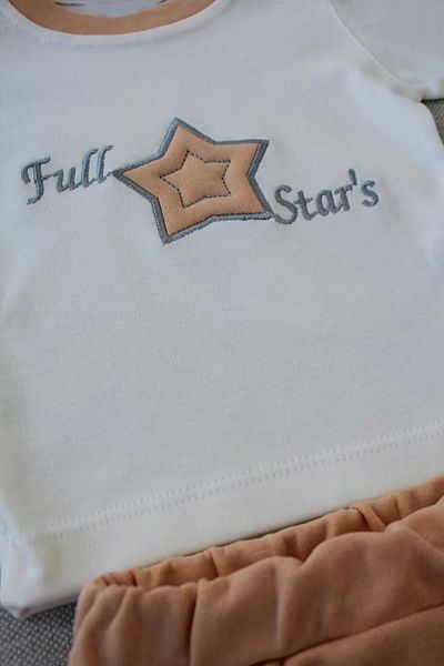 Skygo 3-6 6-9 9-12 Months Full Star Embroidered Hat Long Sleeve Sweatshirt 3-Piece Baby Boy Set Wheat