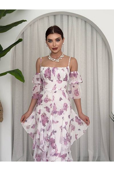 Last EGC Chiffon Fabric Ruffle Detailed Patterned Dress