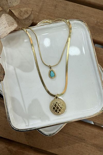 My Joyas Design Steel 2-Piece Drop Turquoise Necklace 47cm