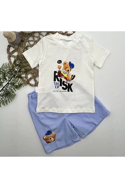 Skygo 1-2-3 Years Old Skateboard Bear Printed Short Sleeve T-shirt with Shorts 2-Piece Baby Boy Set Ecru