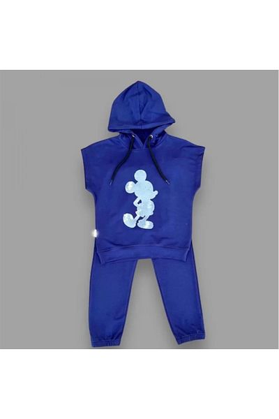 Skygo 3-4-5 Years Old Hooded Sequined Mickey Patterned Short Sleeve 2-Piece Girl Boy Child Set Navy Blue
