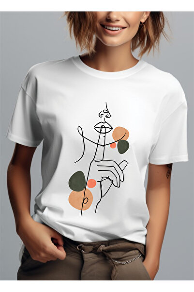 Bloom Atelier Tricou Dama Minimalist, Girl Line Art, Culoare Alb, Marime L, B...