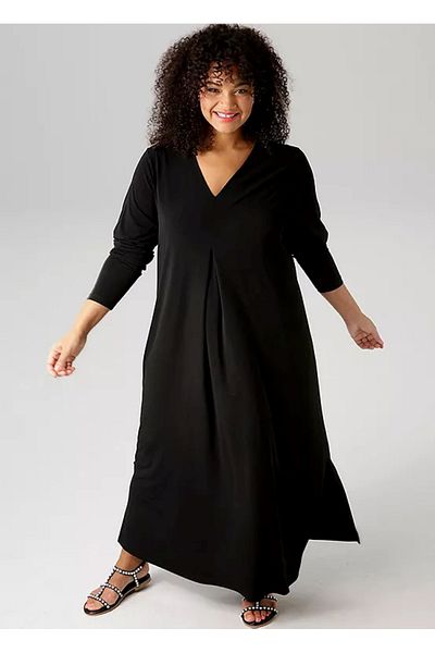 Şans Women's Plus Size Black, Soft Jersey Fabric, Front Pleat Long Sleeve Maxi Dress 65N39013
