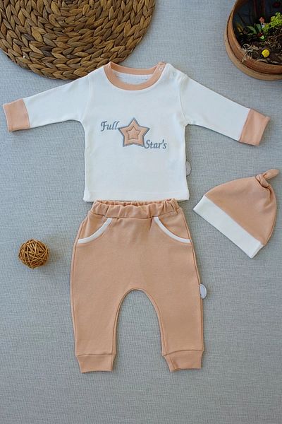Skygo 3-6 6-9 9-12 Months Full Star Embroidered Hat Long Sleeve Sweatshirt 3-Piece Baby Boy Set Wheat
