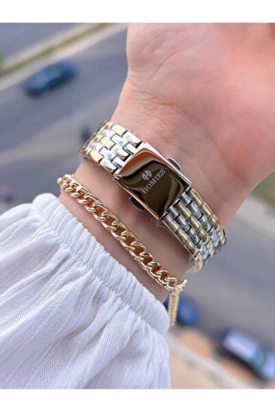 Homies Çelik Kordon 2 Yıl Garantili 30 Mt Suya Dayanıklı Kadın Kol Saati+Bileklik HM.B25531S3