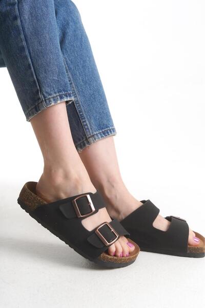 bronze ayakkabı Black Unisex Slippers Double Buckle Cork Sole Daily Comfortable Slippers