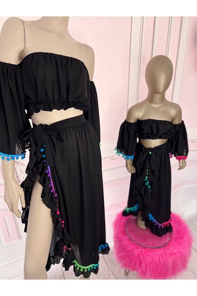NA ADDESIGN Mother Daughter Black Beach Suit, Black Pareo Set (Should Be Added Separately to the Cart, the Prices Are Separate)