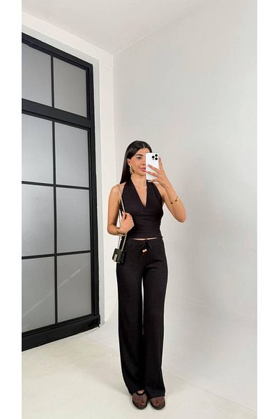Last EGC Seersucker Fabric Back Low-Cut Blouse Trousers Double Suit