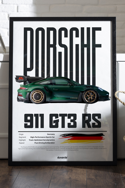 Duvarda Porsche 911 Gt3 Rs Araba Siyah Ahşap Çerçeveli Poster, Dekoratif Duvar Tablosu
