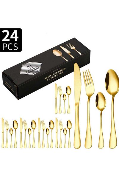 huitich 24-Piece Stainless Steel Cutlery Set Gold Finish