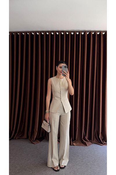 HAZELANNA Gold Drop Button Stone Vest-Pants Suit