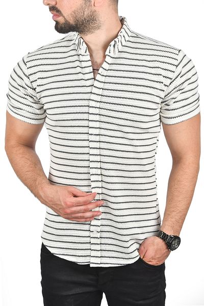 DeepSEA Men's White Slim Fit Knitted Fabric Shirt Lycra Slim Fit Short Sleeve Knitted Knitwear Shirt 2501208