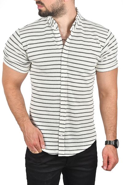 DeepSEA Men's White Slim Fit Knitted Fabric Shirt Lycra Slim Fit Short Sleeve Knitted Knitwear Shirt 2501208