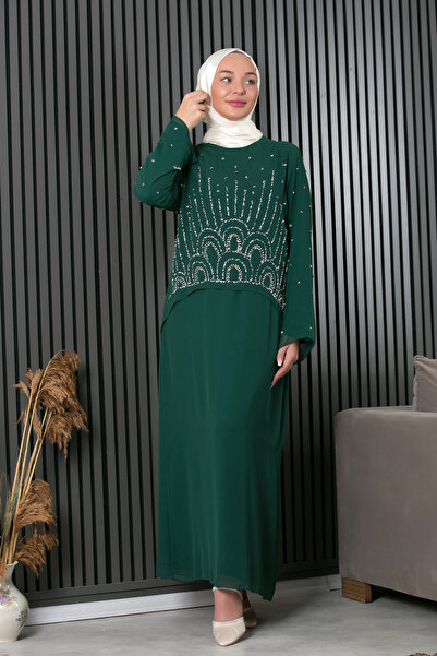 Büşra Moda Tasarım Lacivert / Siyah / Haki Taş İşlemeli Şifon Katlı Abiye Elb...