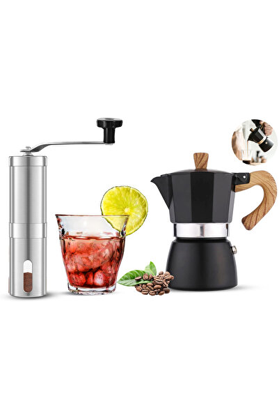 Omran Cart وعاء موكا 300 مل + كوب زجاجي 160 مل ومطحنة قهوة يدوية - طقم إسبرسو على الموقد