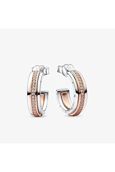 Pandora Two-tone Signature logo pave round earrings Zirconia - 925 Sterling Silver