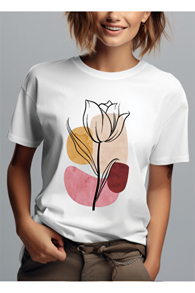 Bloom Atelier Tricou Dama Minimalist, Tulip Line Art, Culoare Alb, Marime S, ...