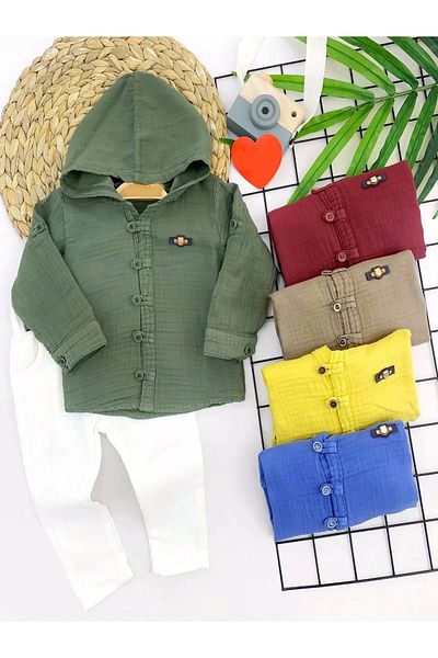 Skygo 9-12-18-24 Months Breathable Organic Fabric Hooded Buttoned 2-Piece Baby Boy Set Yellow
