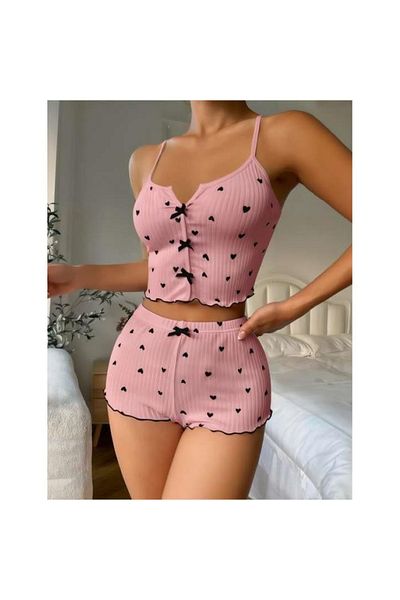 Findit Pink over Black Heart Patterned Strap Shorts Pajama Set