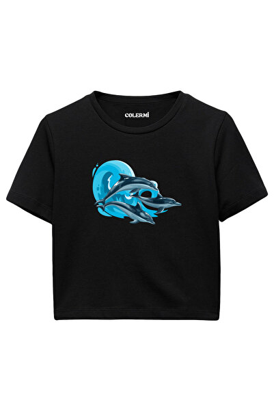 Colermi تيشيرت نسائي أسود قصير - تصميم مطبوع على شكل دولفين، نسيج قطني 100%