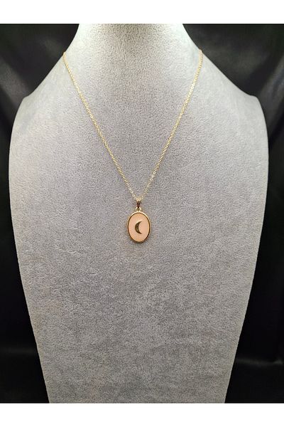 Han Ticarethane Gold Color Powder Pink Enamel Crescent Moon Model Necklace